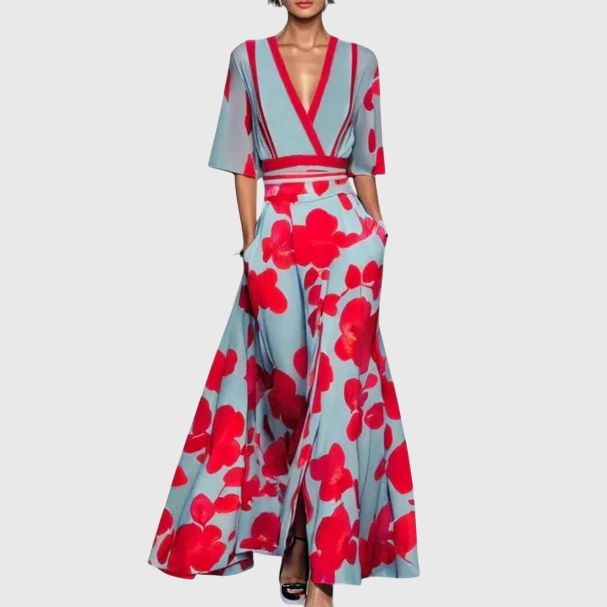 Winifred Elegant Dress in Blue Red