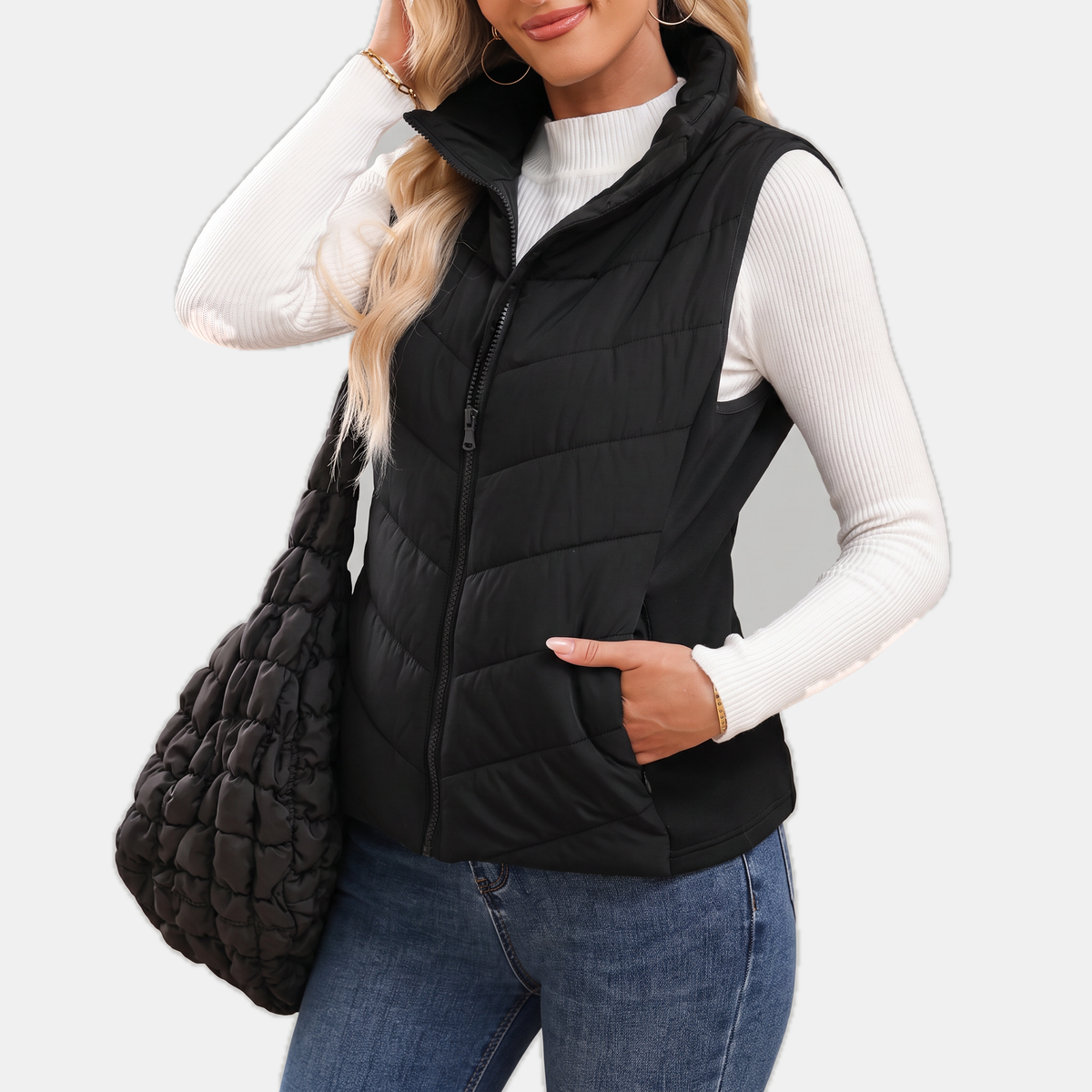 Women's Quilted Puffer Vest Stand Collar Zip Up Sleeveless Gilet