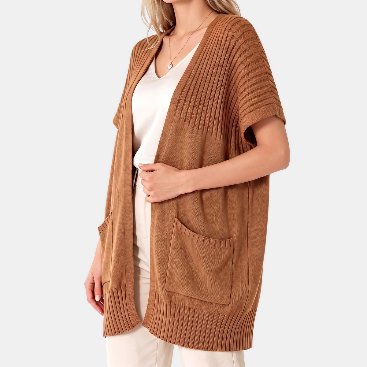 Women's Short Sleeve Cardigan Chunky Knit Open Front Sweater