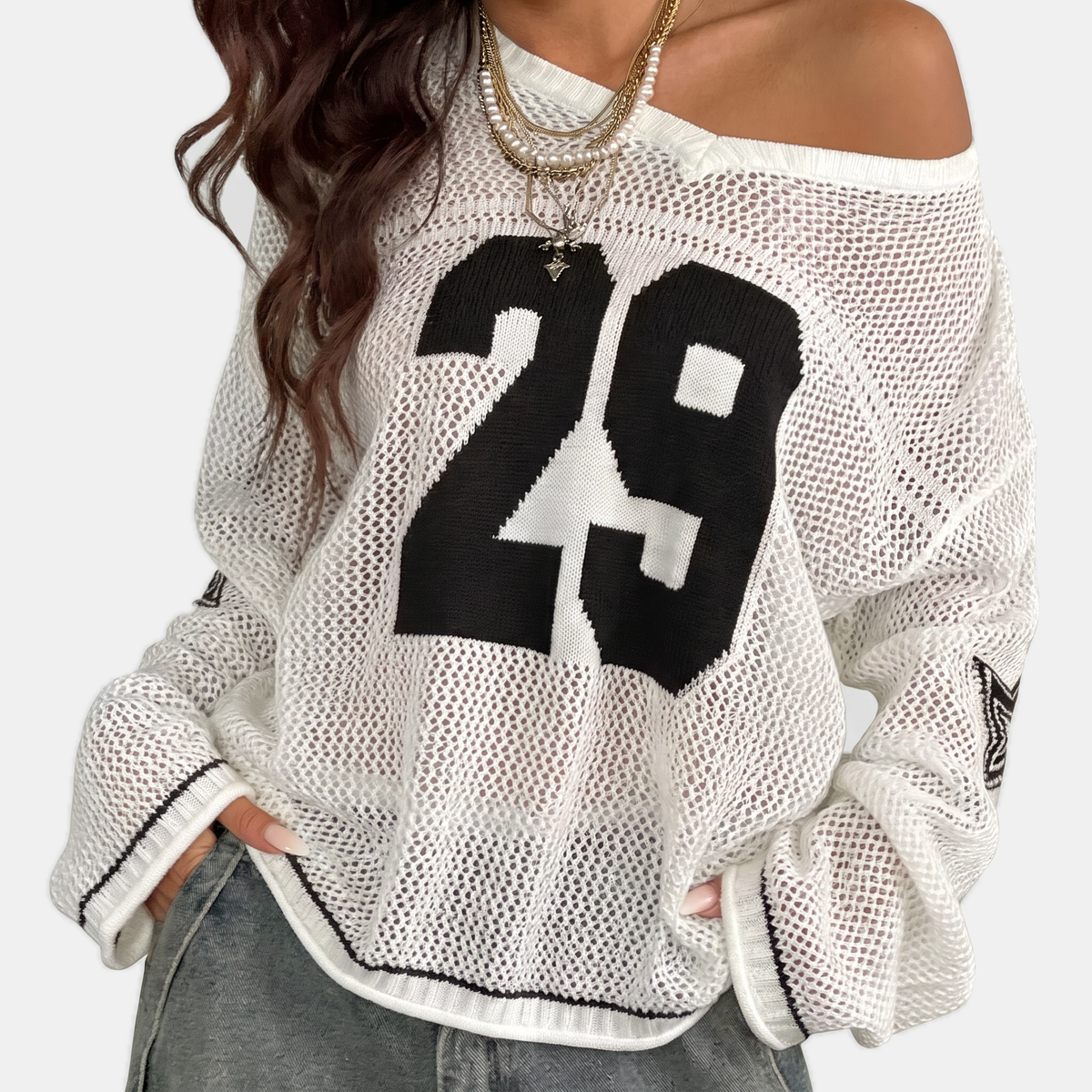 Women's Oversized Open Knit Number Graphic Crop Sweater