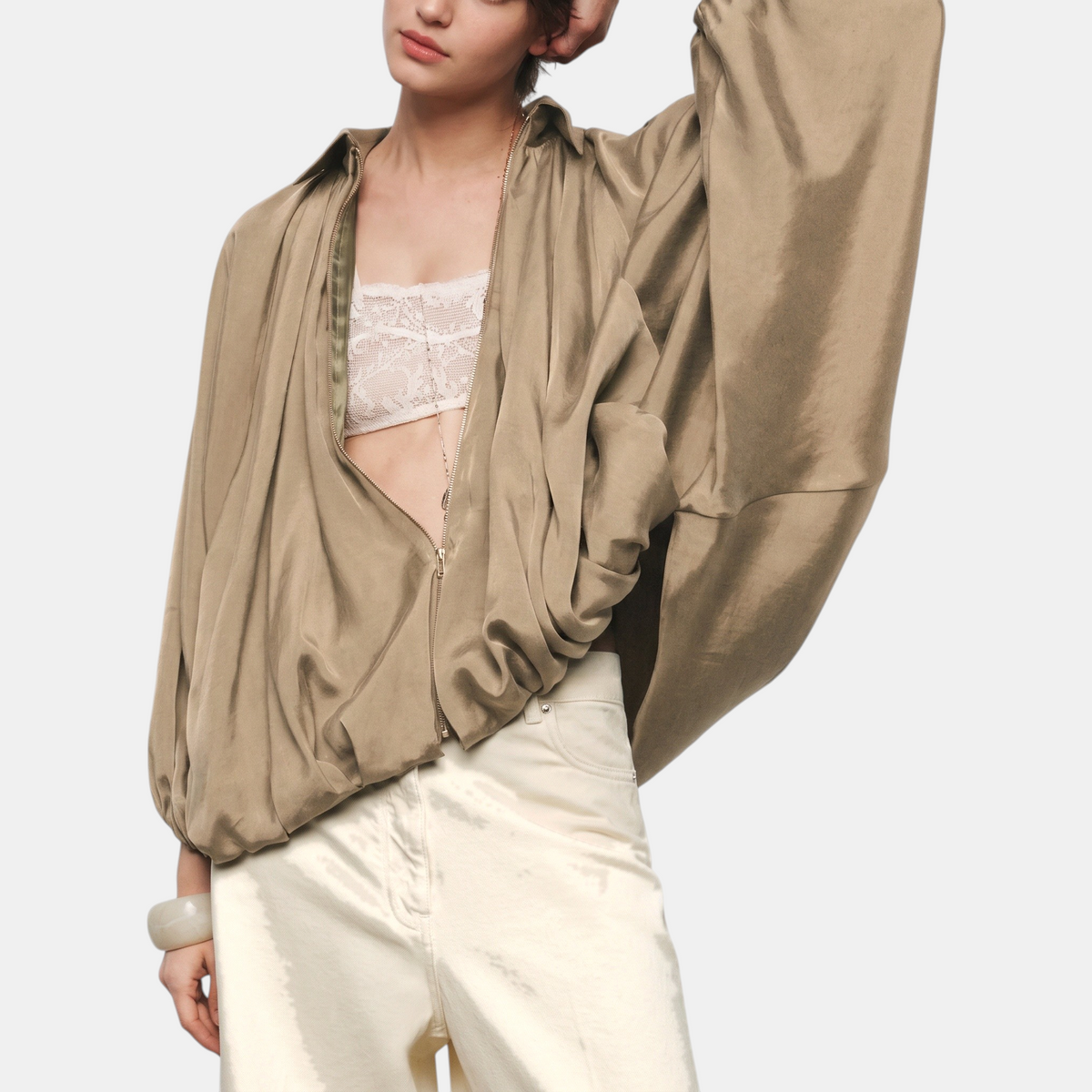 Women's Balloon Sleeve Zip Up Oversized Bomber Jacket