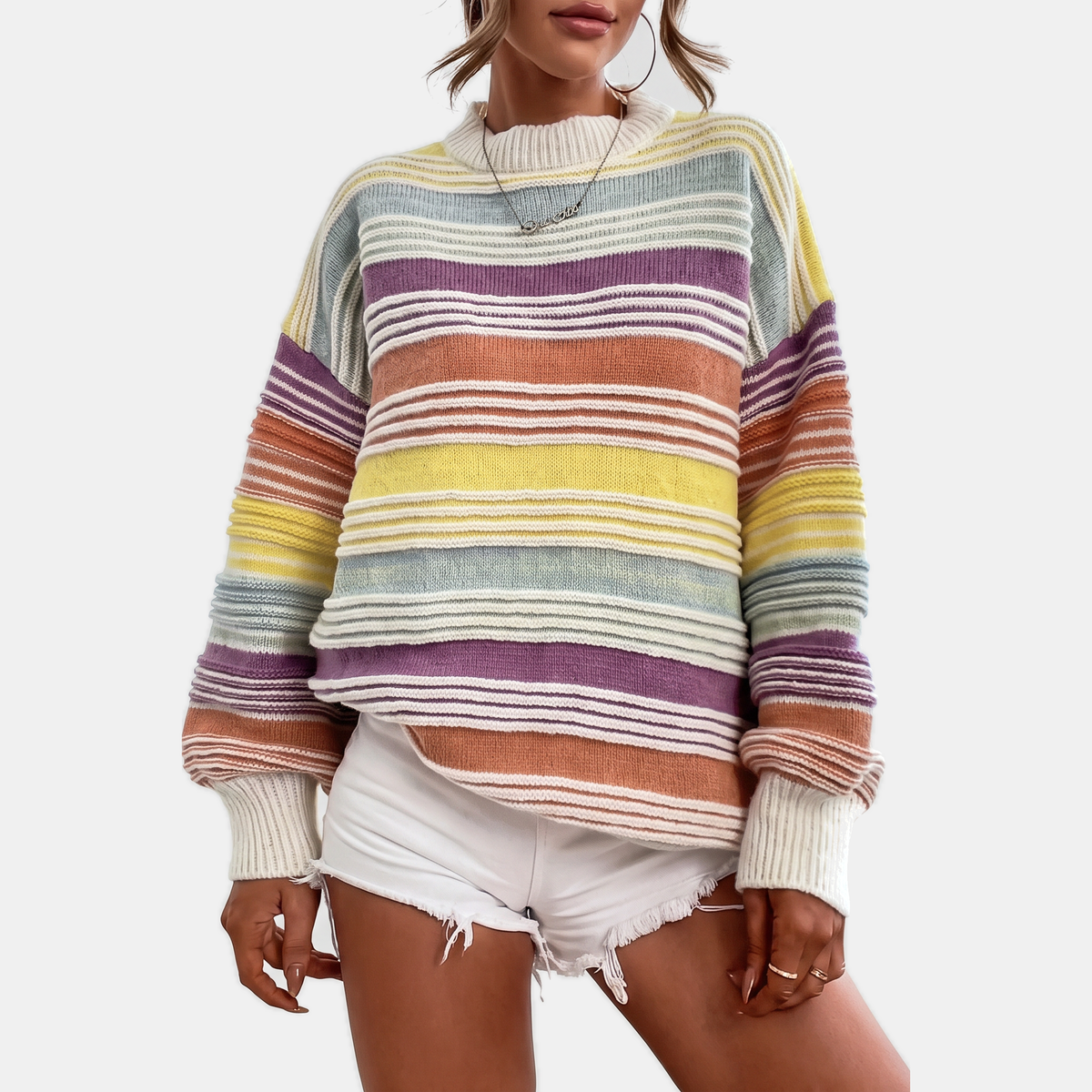 Women's Oversized Balloon Sleeve Striped Knit Sweater