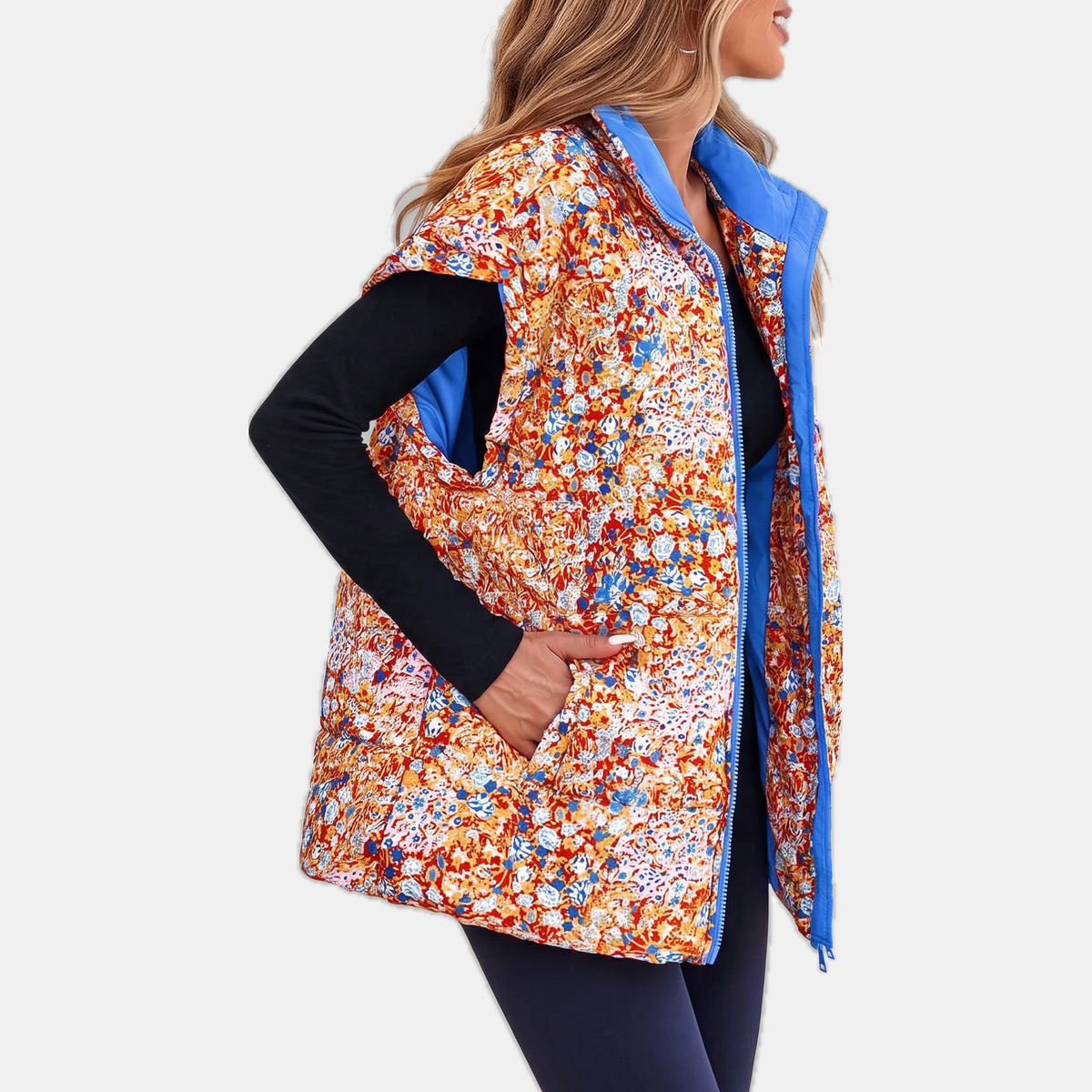 Women's Floral Print Puffer Vest Sleeveless Zip Up