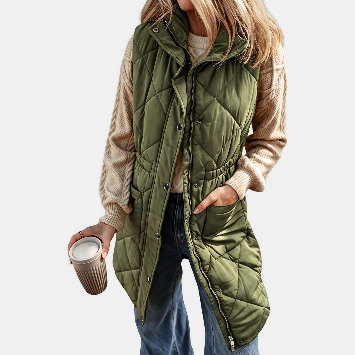 Women's Hooded Puffer Vest Quilted Midi Sleeveless Jacket