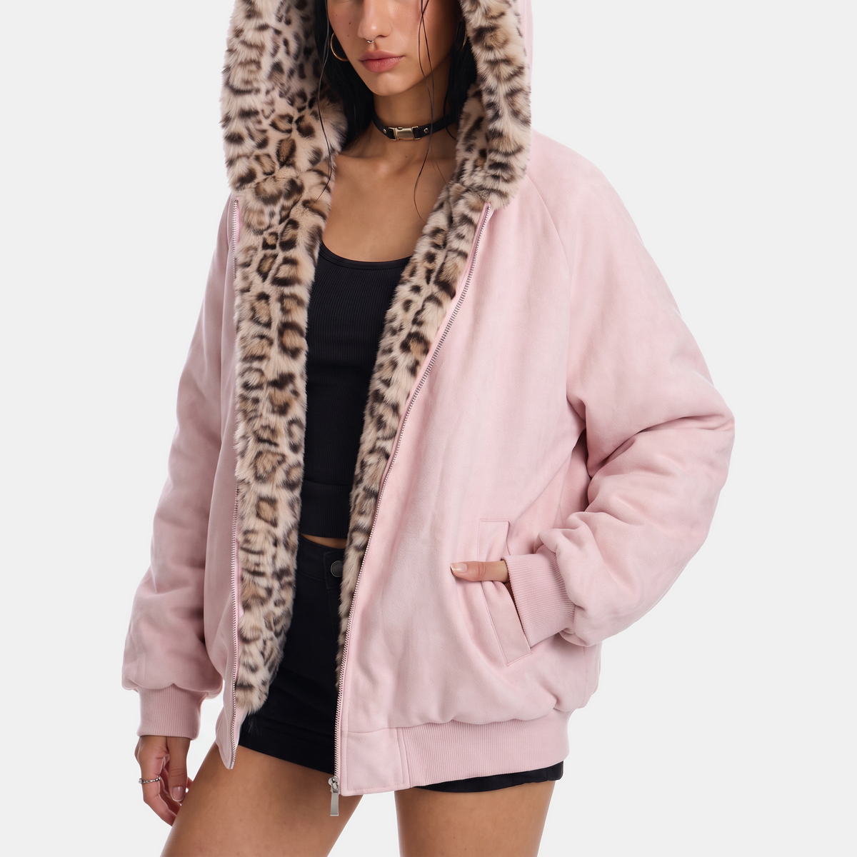 Women's Faux Fur Lined Bomber Jacket with Cat Ear Hood