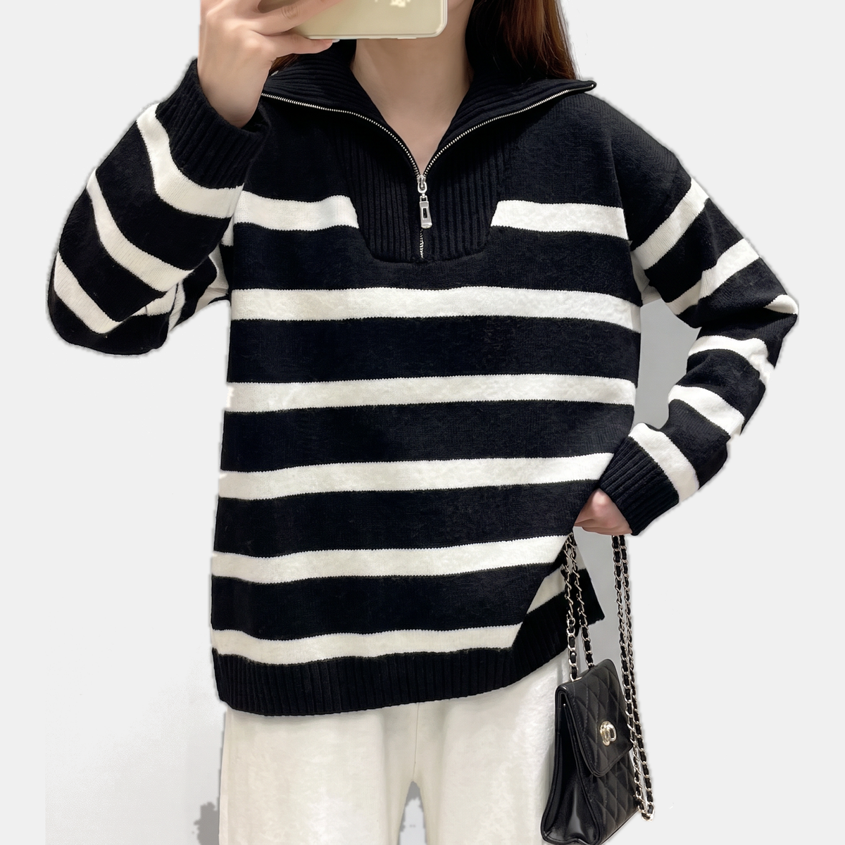 Women's Oversized Quarter Zip Striped Knit Sweater