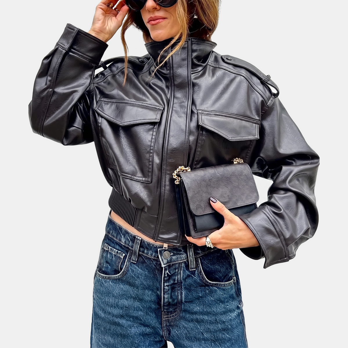 Women's Faux Leather Bomber Jacket Cropped with Ribbed Hem