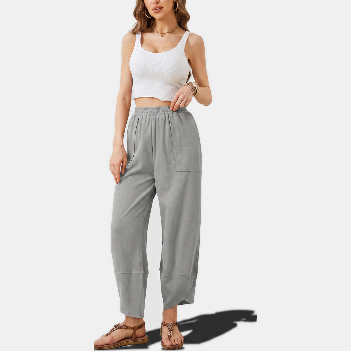 Women's Wide Leg Ribbed Knit Cropped Pants with Patch Pockets