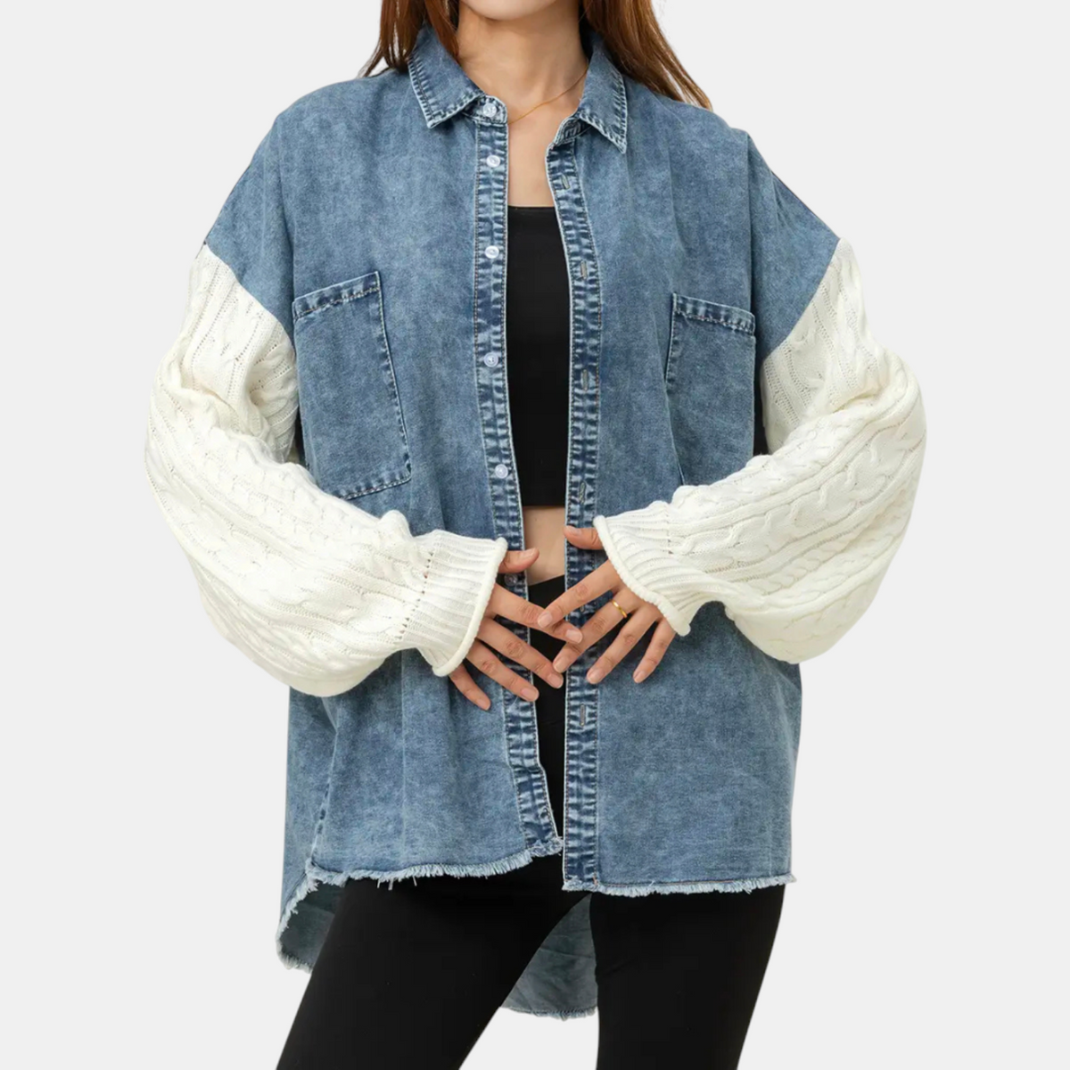 Women's Denim Jacket Cable Knit Splice Button Front Raw Hem