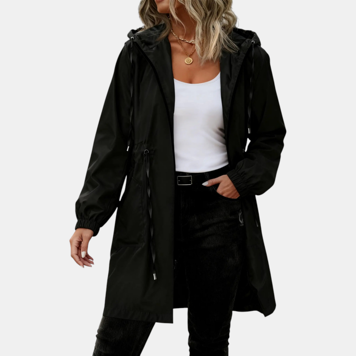 Women's Windbreaker Drawstring Waist Hooded Longline Jacket