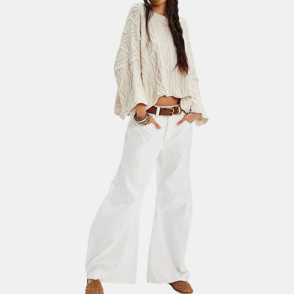 Women's Cable Knit Cropped Sweater Bell Flounce Cuff