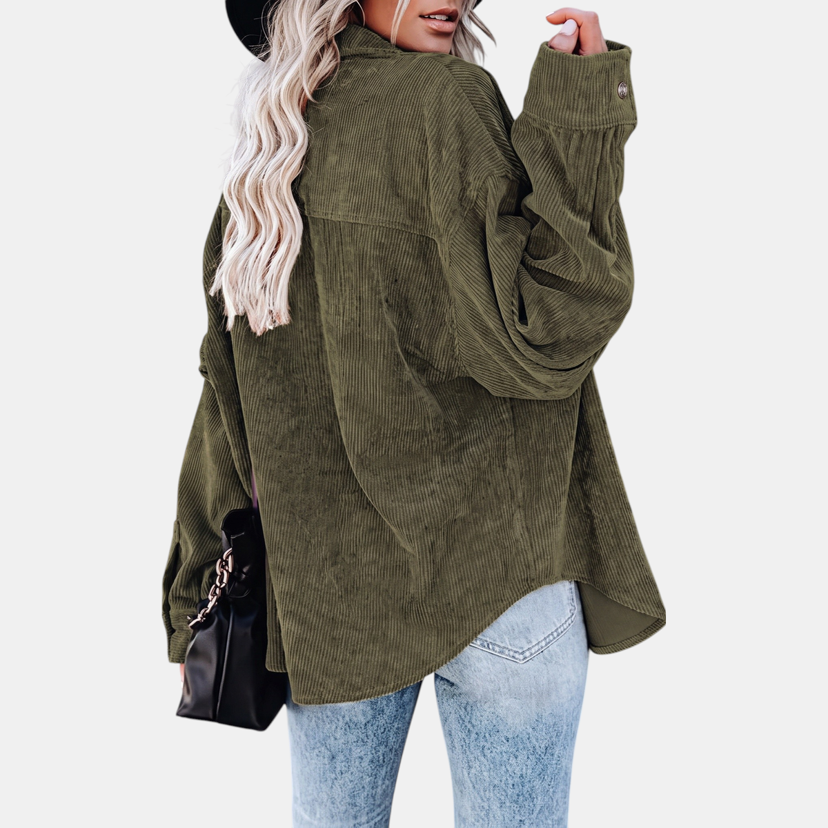Women's Button Front Corduroy Oversized Long Sleeve Shacket
