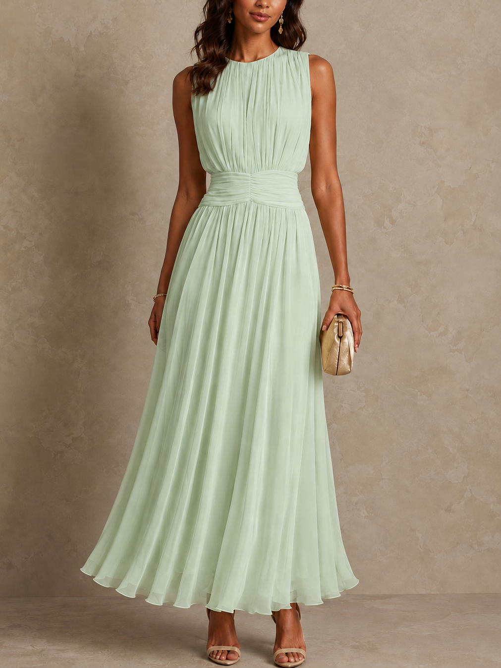 Vanessa Ruched Waist Sleeveless Maxi Dress - Green
