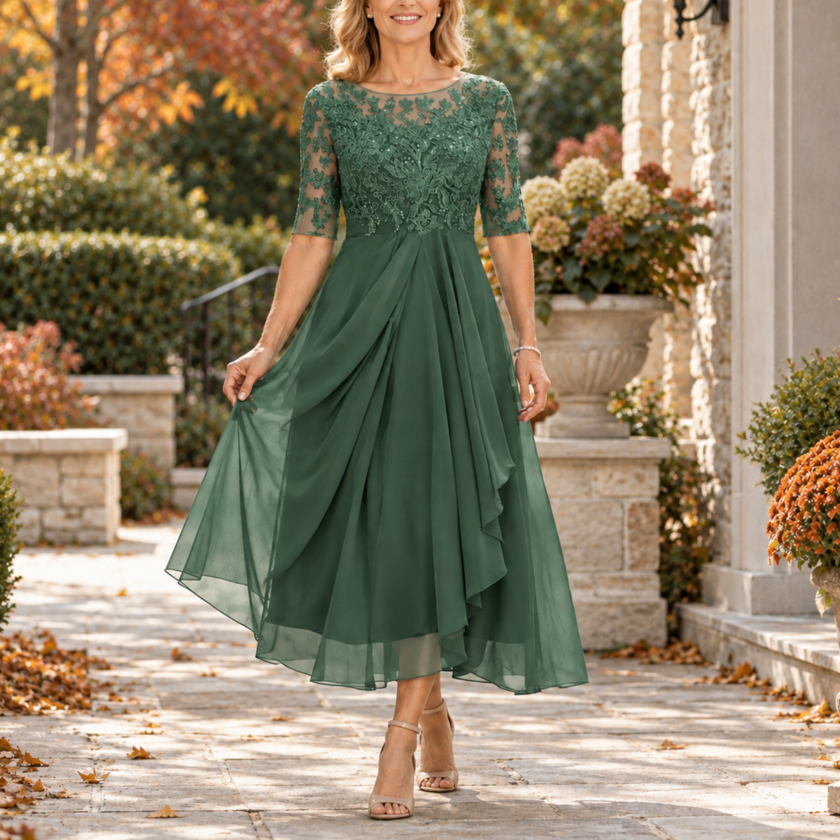 Beverly Lace Bodice Draped Midi Dress in Green