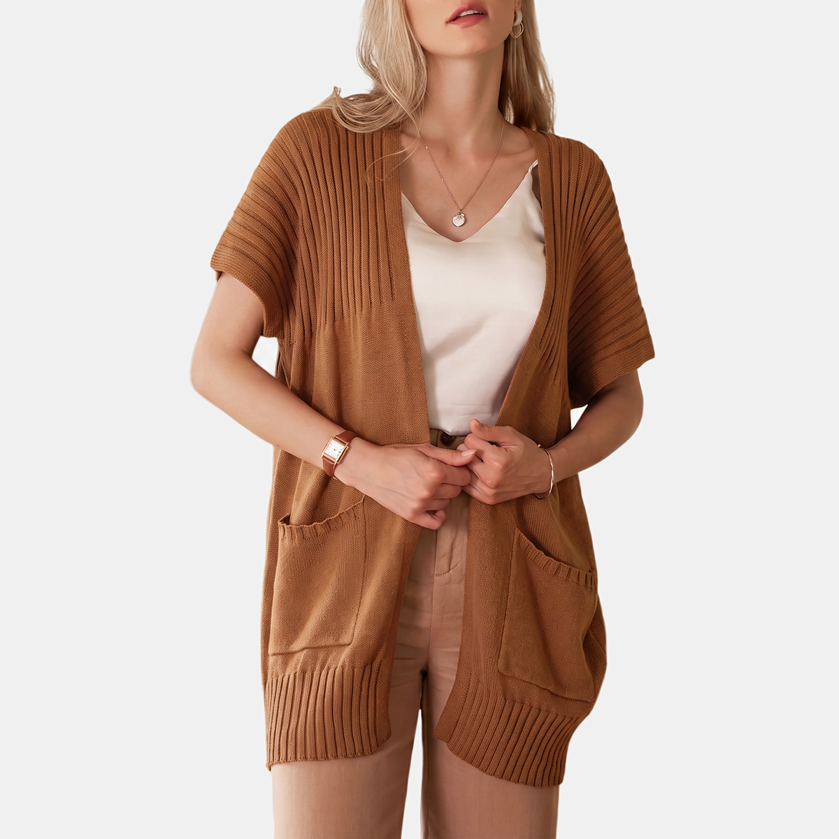 Women's Short Sleeve Cardigan Chunky Knit Open Front Sweater