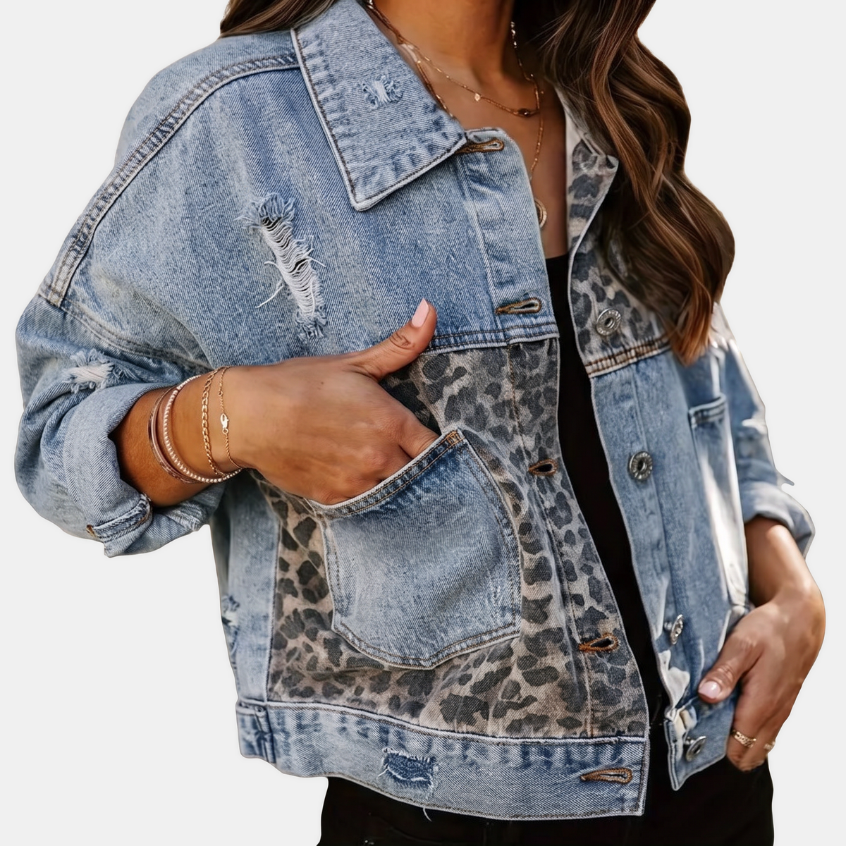 Women's Patchwork Denim Jacket with Raw Hem Detail