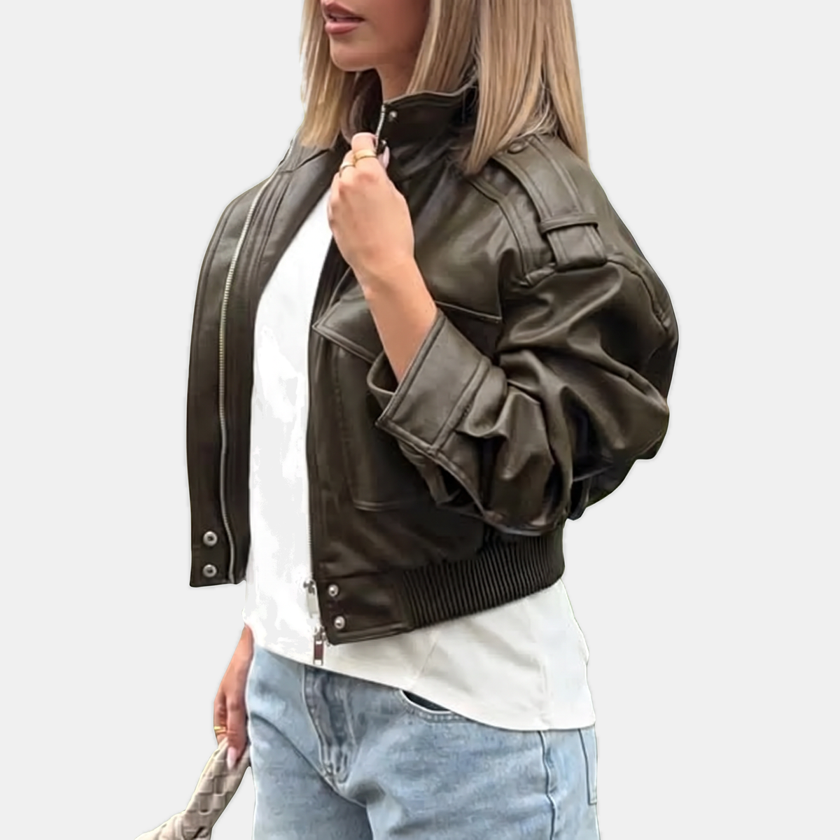 Women's Faux Leather Cropped Bomber Jacket with Cargo Pockets