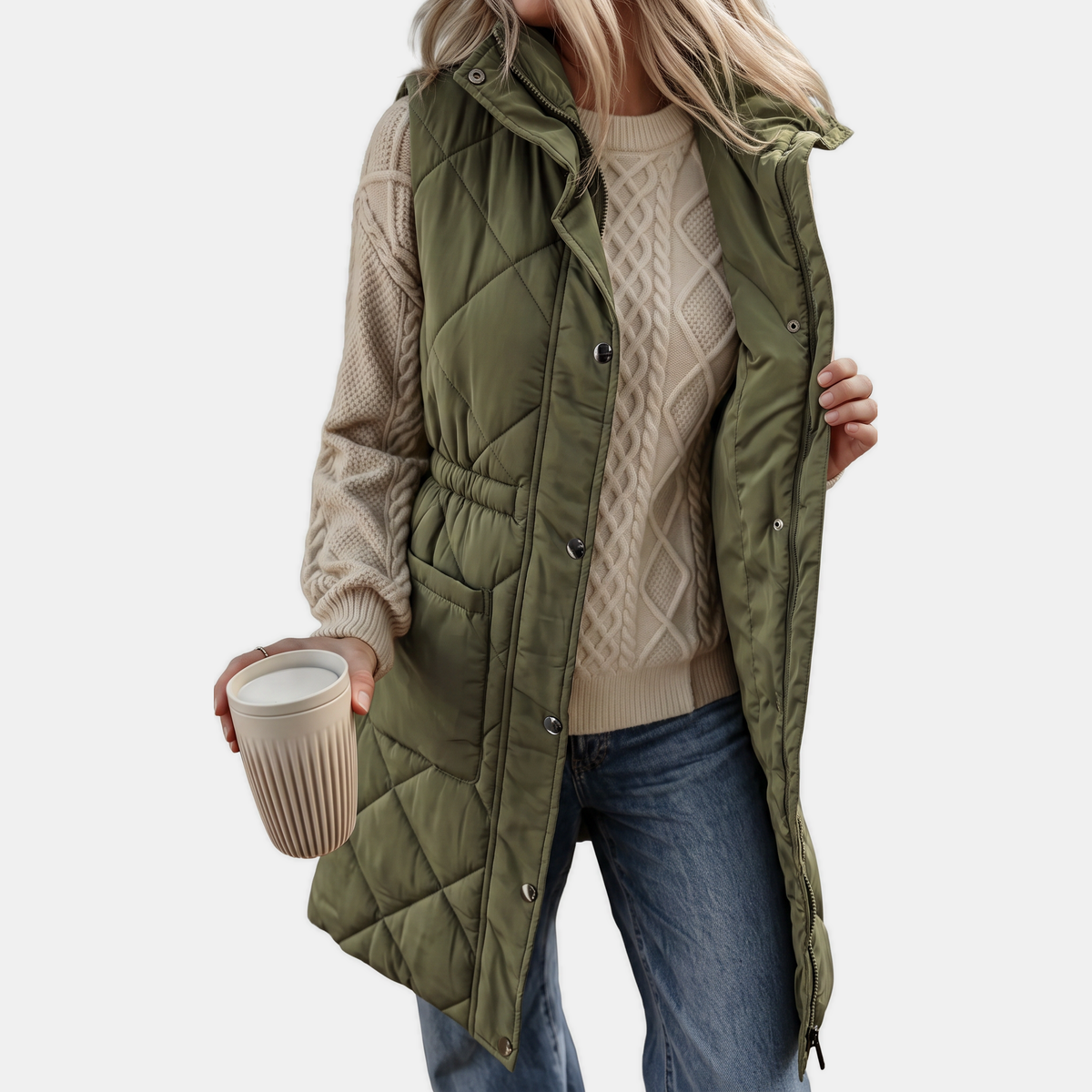 Women's Hooded Puffer Vest Quilted Midi Sleeveless Jacket