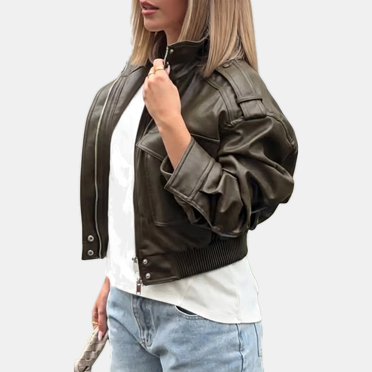 Women's Faux Leather Bomber Jacket Cropped with Ribbed Hem