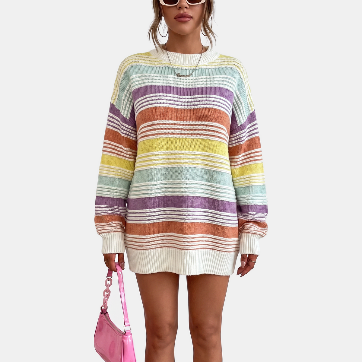 Women's Oversized Balloon Sleeve Striped Knit Sweater