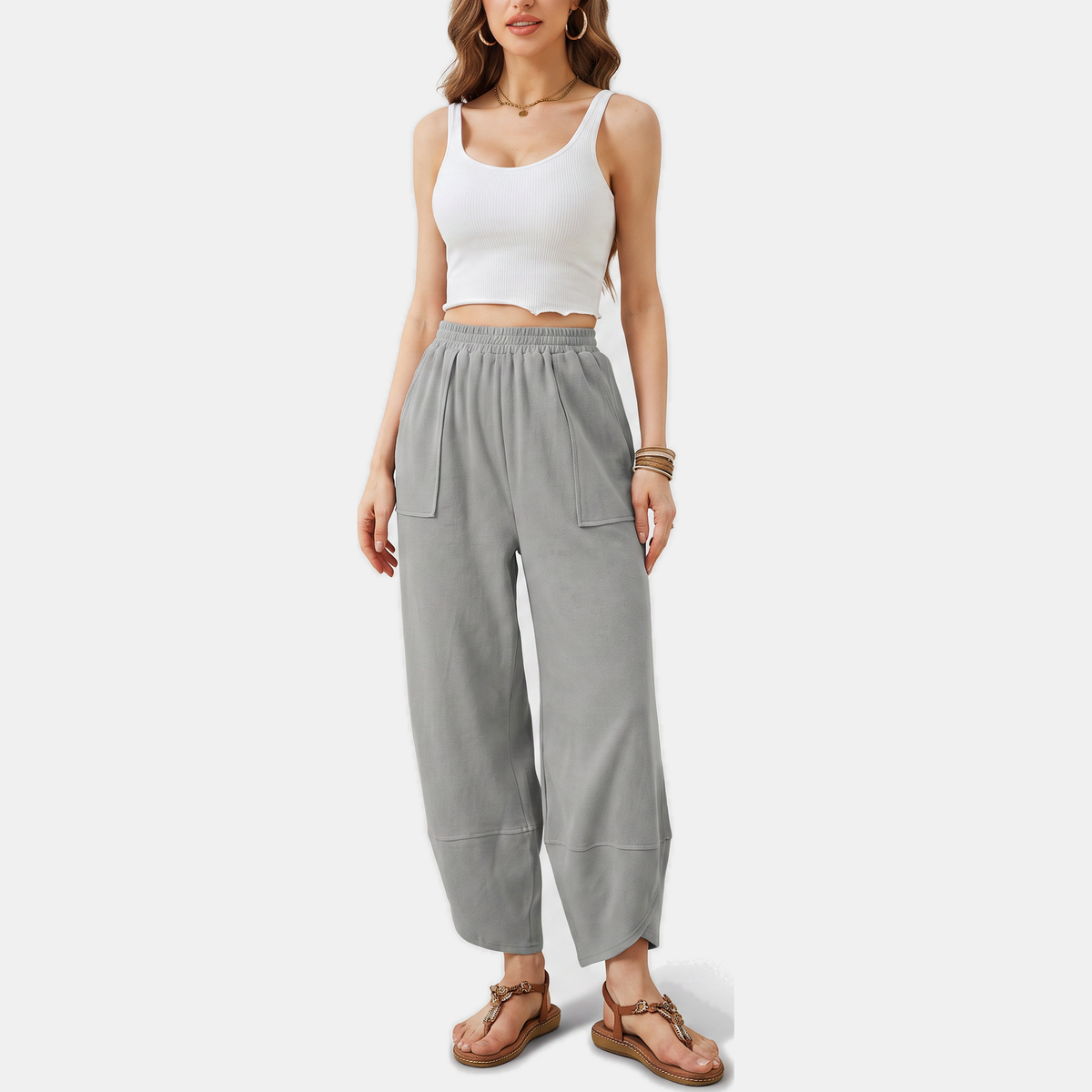 Women's Wide Leg Ribbed Knit Cropped Pants with Patch Pockets