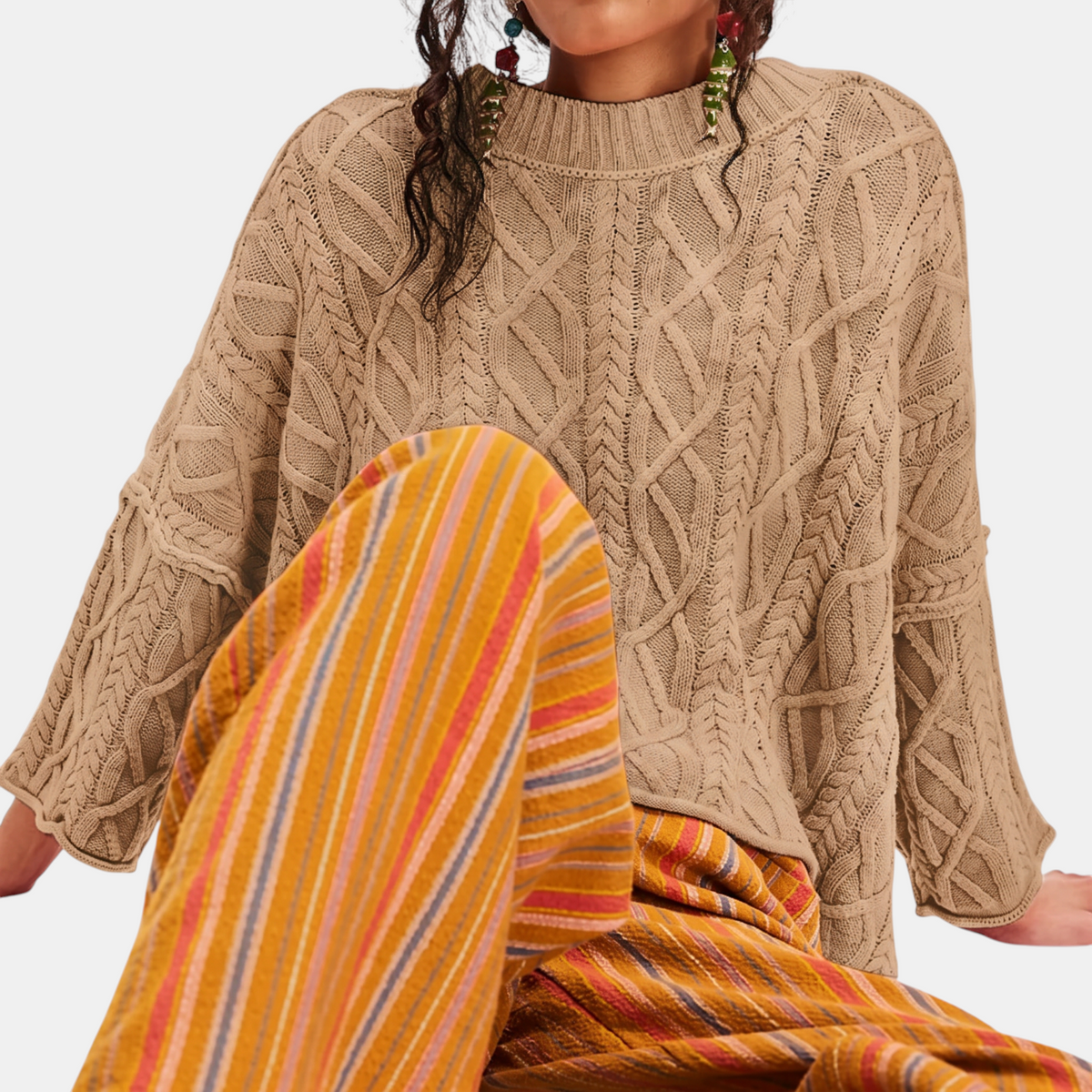 Women's Cable Knit Cropped Sweater Bell Flounce Cuff