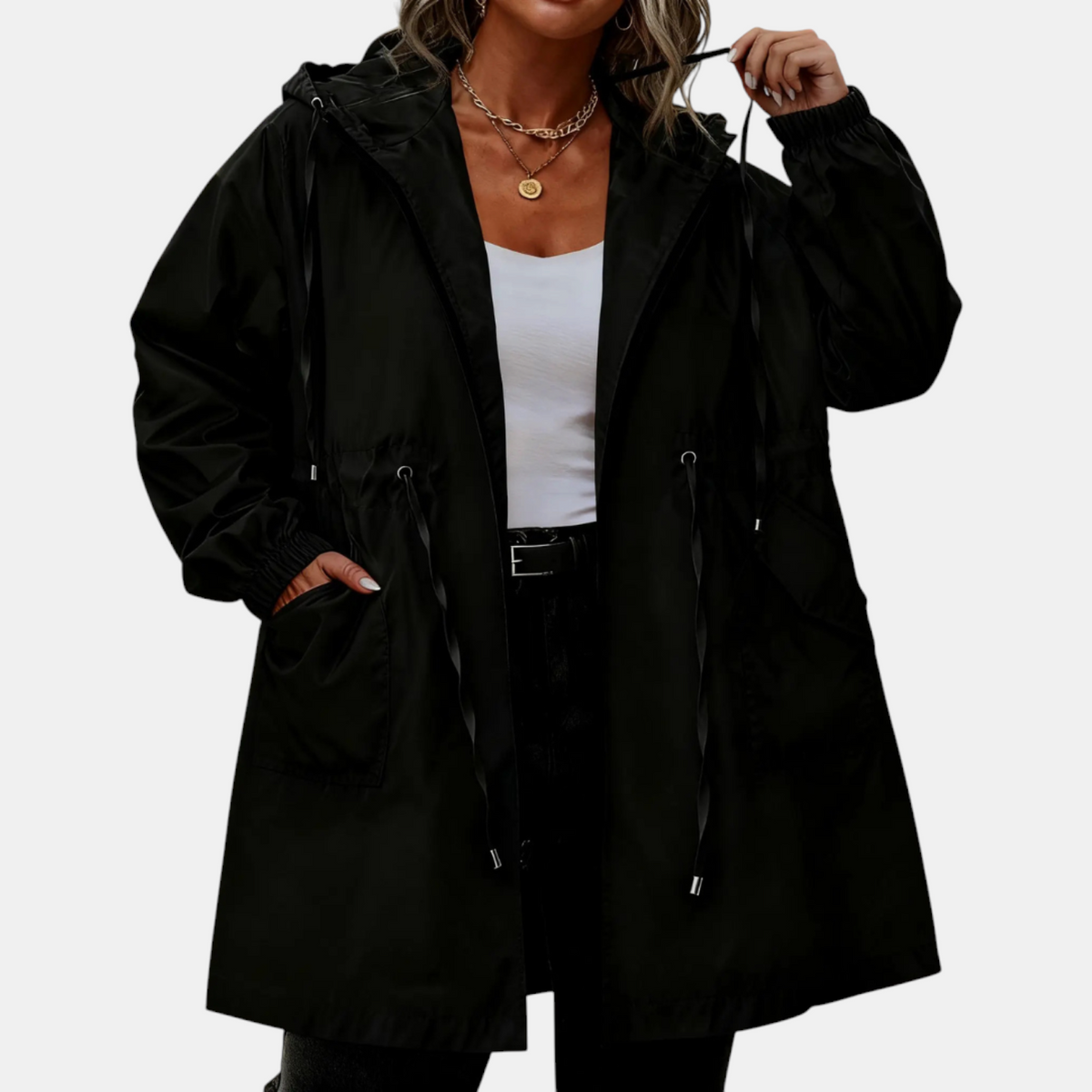 Women's Windbreaker Drawstring Waist Hooded Longline Jacket