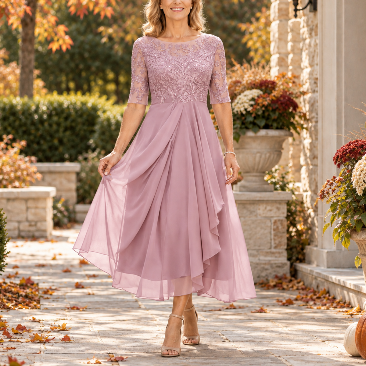 Beverly Lace Bodice Draped Midi Dress in Pink