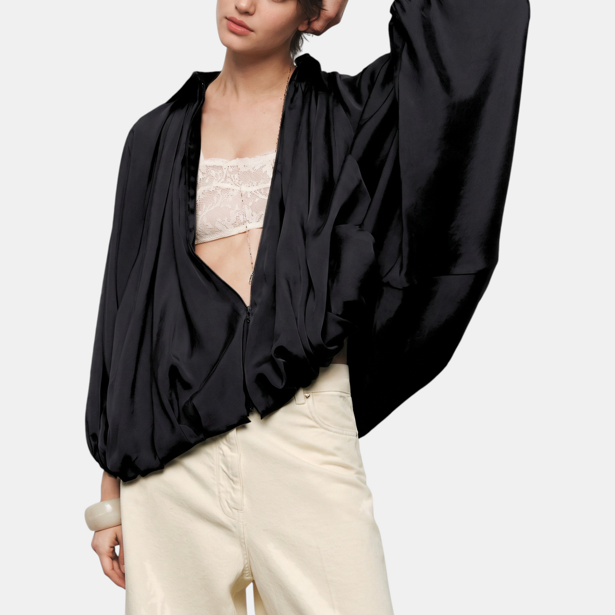 Women's Balloon Sleeve Zip Up Oversized Bomber Jacket