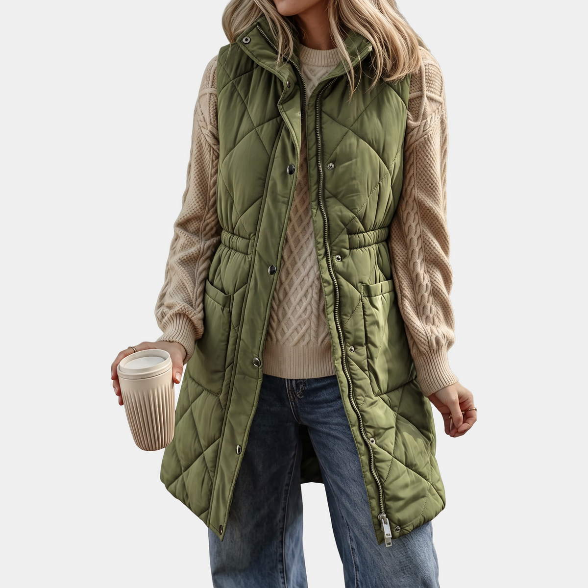 Women's Hooded Puffer Vest Quilted Midi Sleeveless Jacket