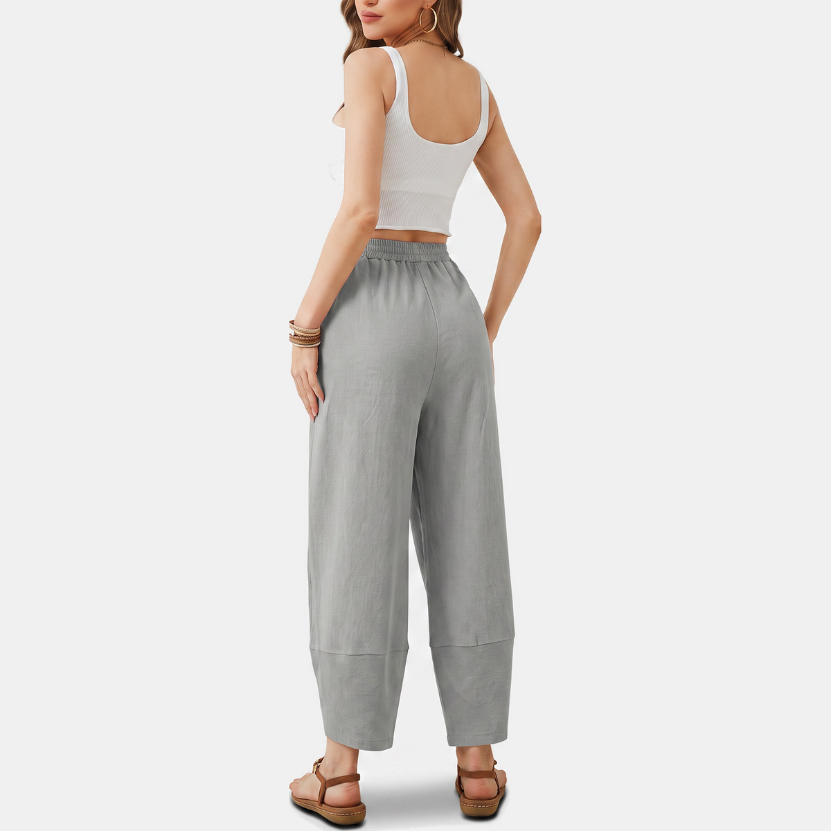 Women's Wide Leg Ribbed Knit Cropped Pants with Patch Pockets
