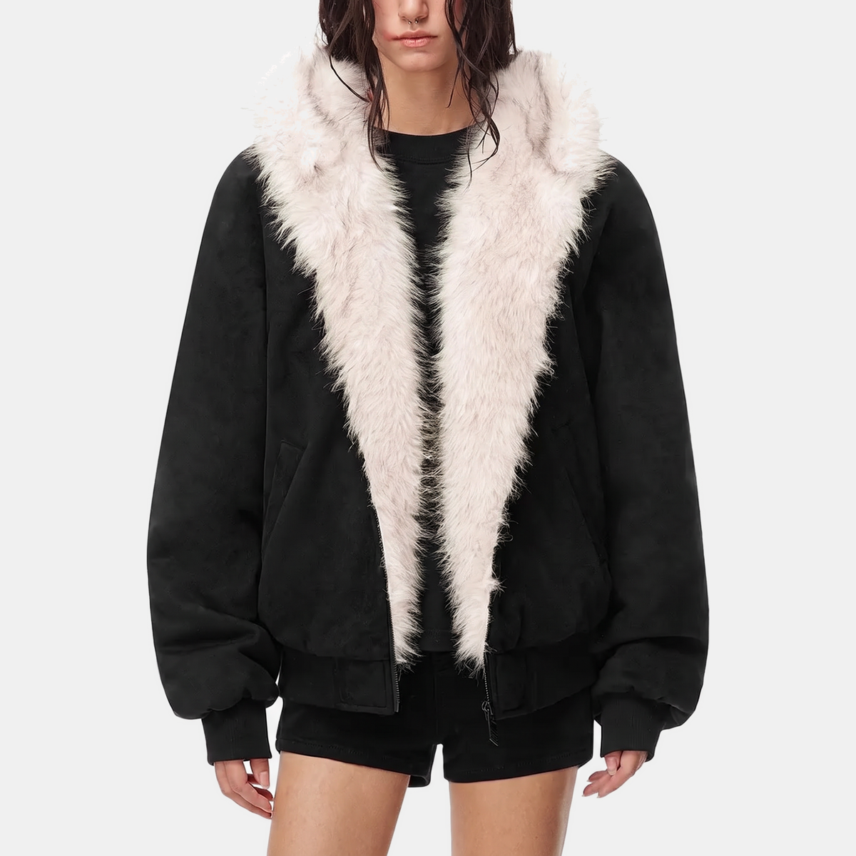 Women's Faux Fur Lined Bomber Jacket with Cat Ear Hood