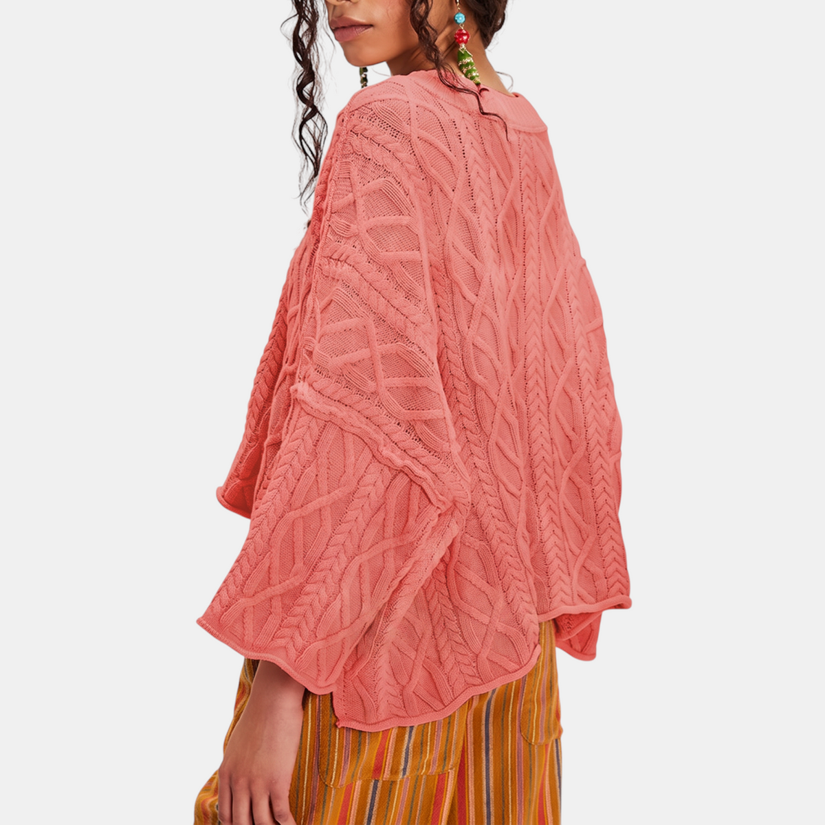 Women's Cable Knit Cropped Sweater Bell Flounce Cuff