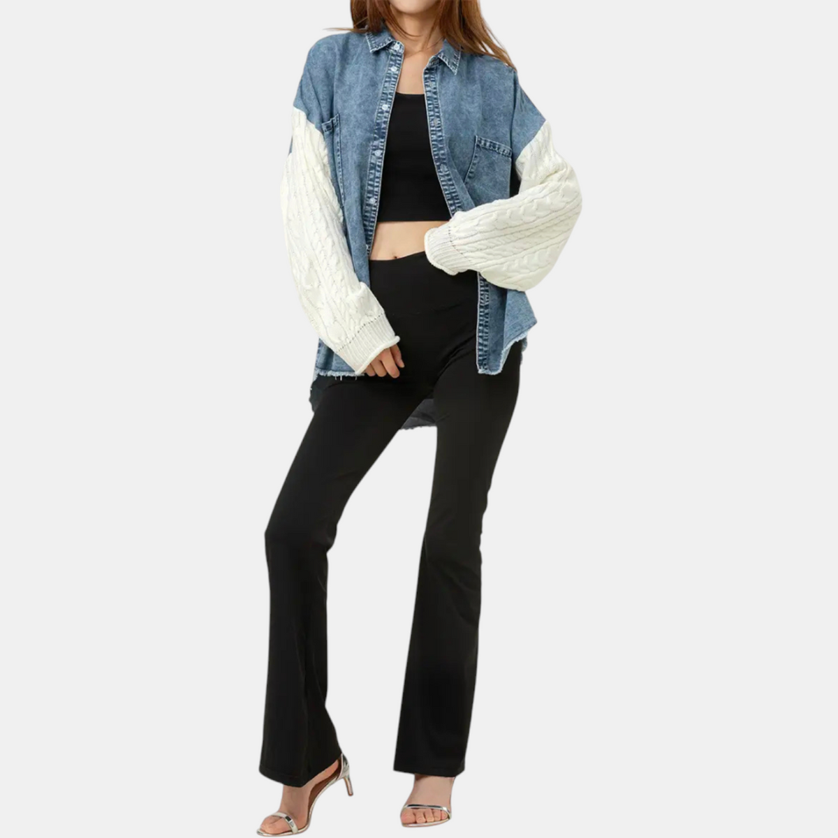 Women's Denim Jacket Cable Knit Splice Button Front Raw Hem