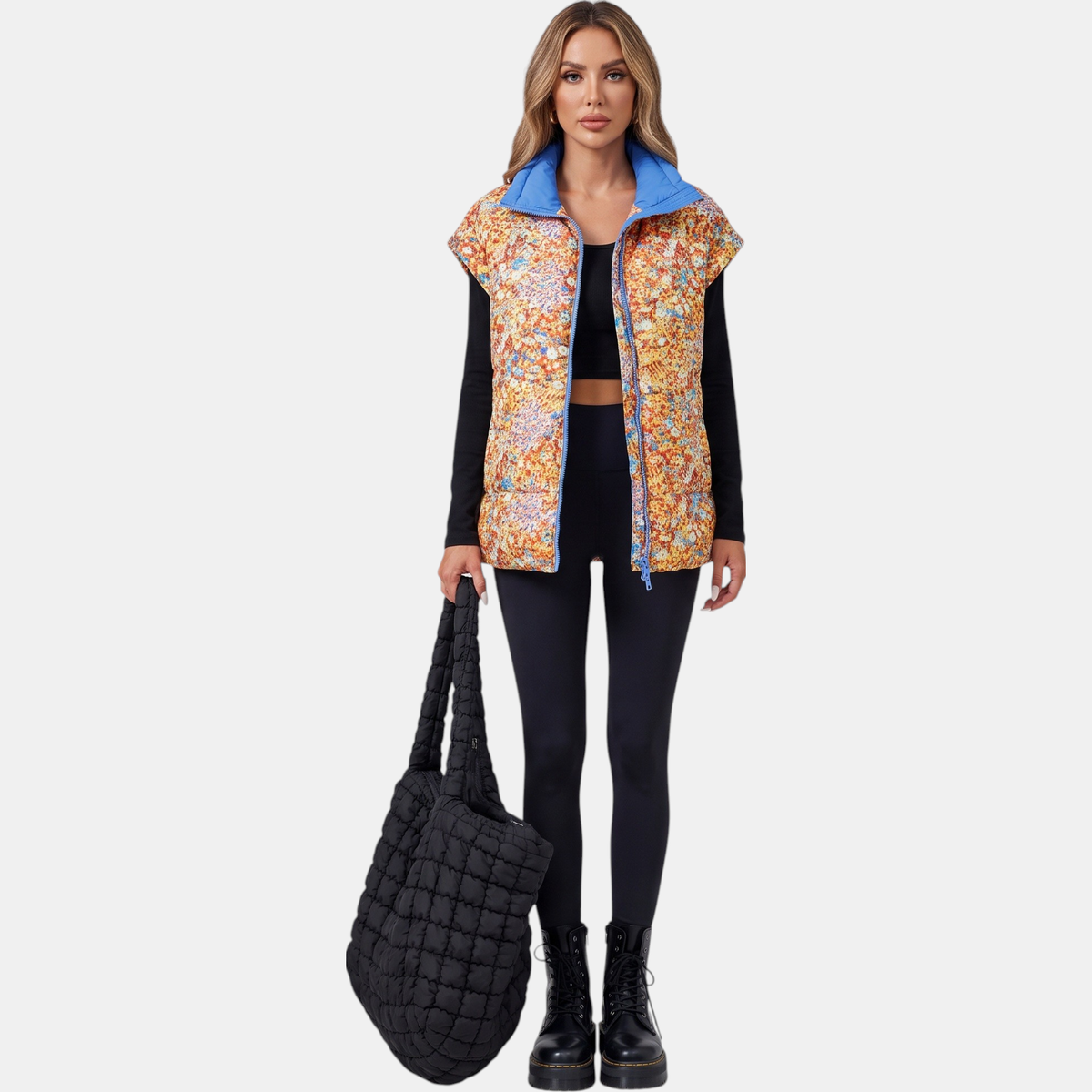 Women's Floral Print Puffer Vest Sleeveless Zip Up