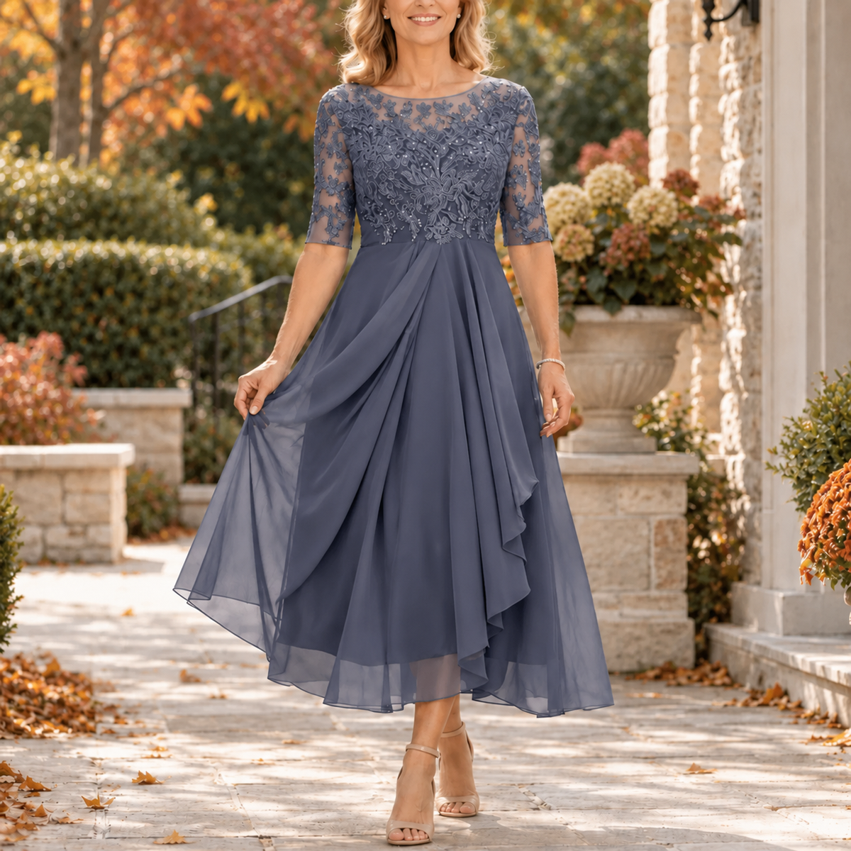 Beverly Lace Bodice Draped Midi Dress in Purple