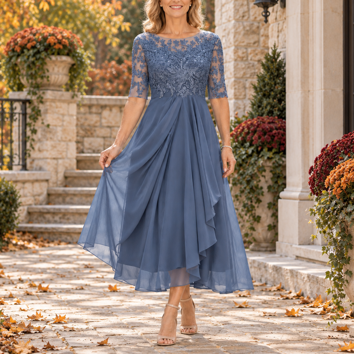 Beverly Lace Bodice Draped Midi Dress in Blue