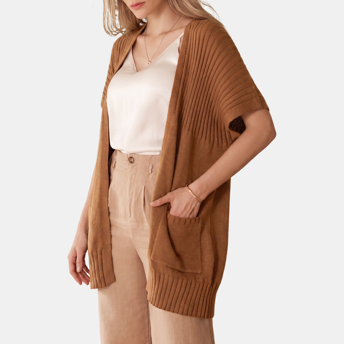 Women's Short Sleeve Cardigan Chunky Knit Open Front Sweater