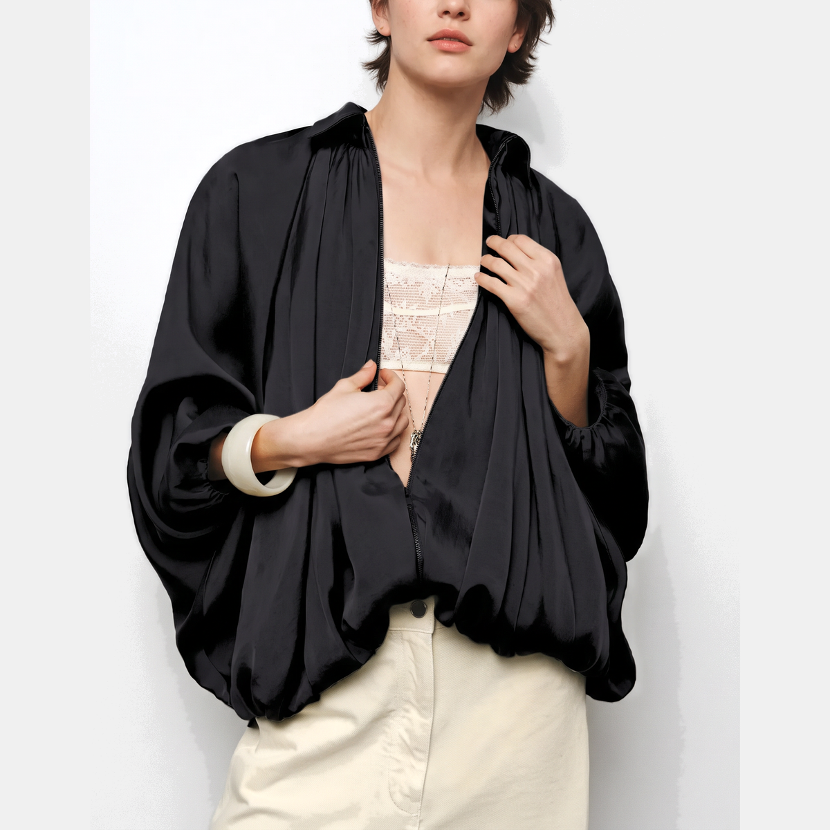 Women's Balloon Sleeve Zip Up Oversized Bomber Jacket