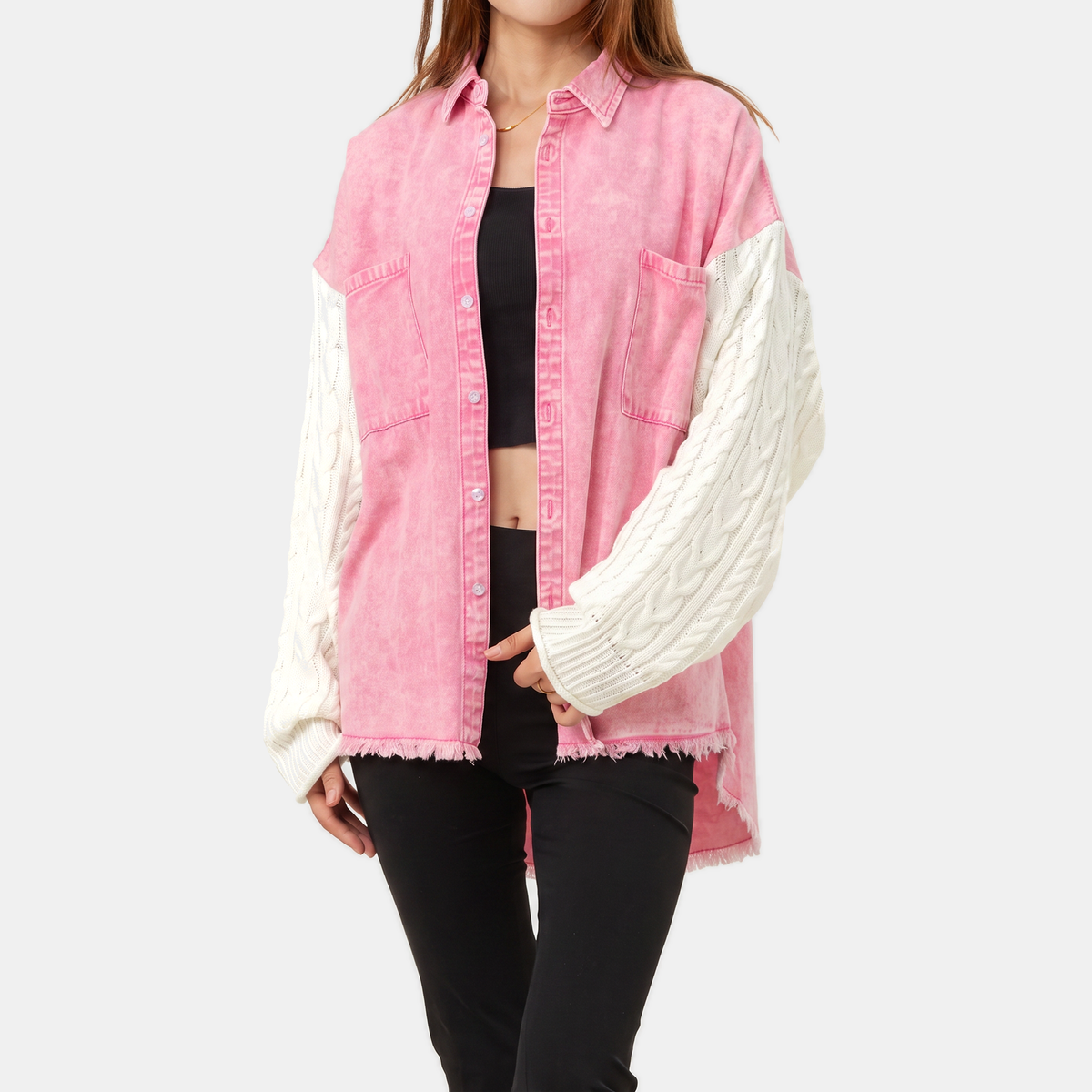 Women's Denim Jacket Cable Knit Splice Button Front Raw Hem