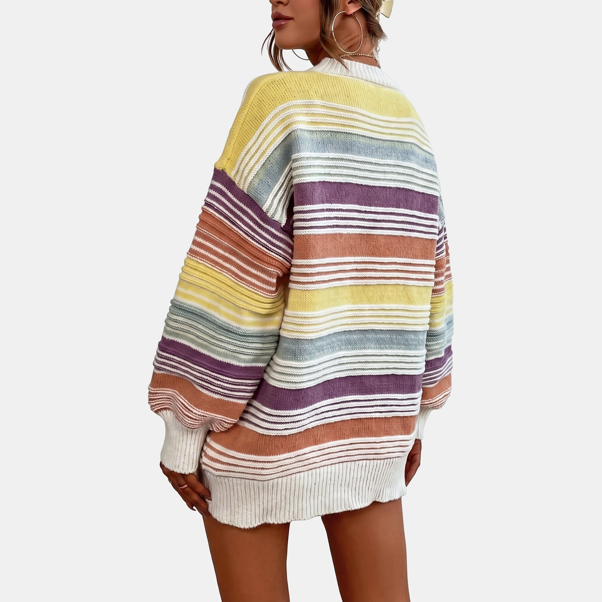 Women's Oversized Balloon Sleeve Striped Knit Sweater
