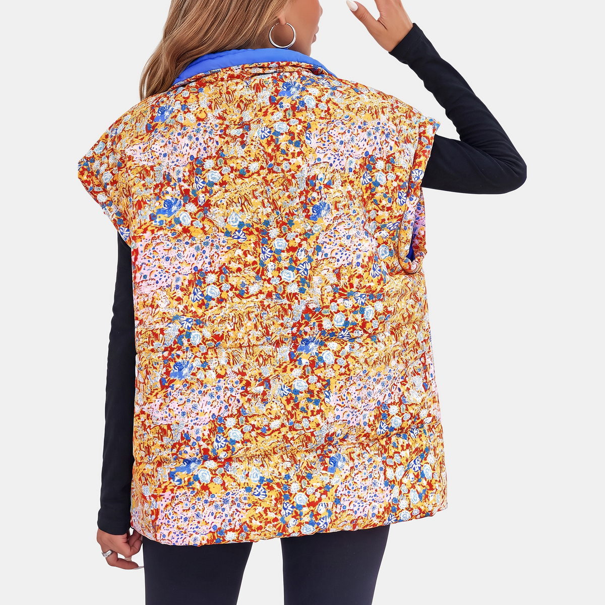 Women's Floral Print Puffer Vest Sleeveless Zip Up