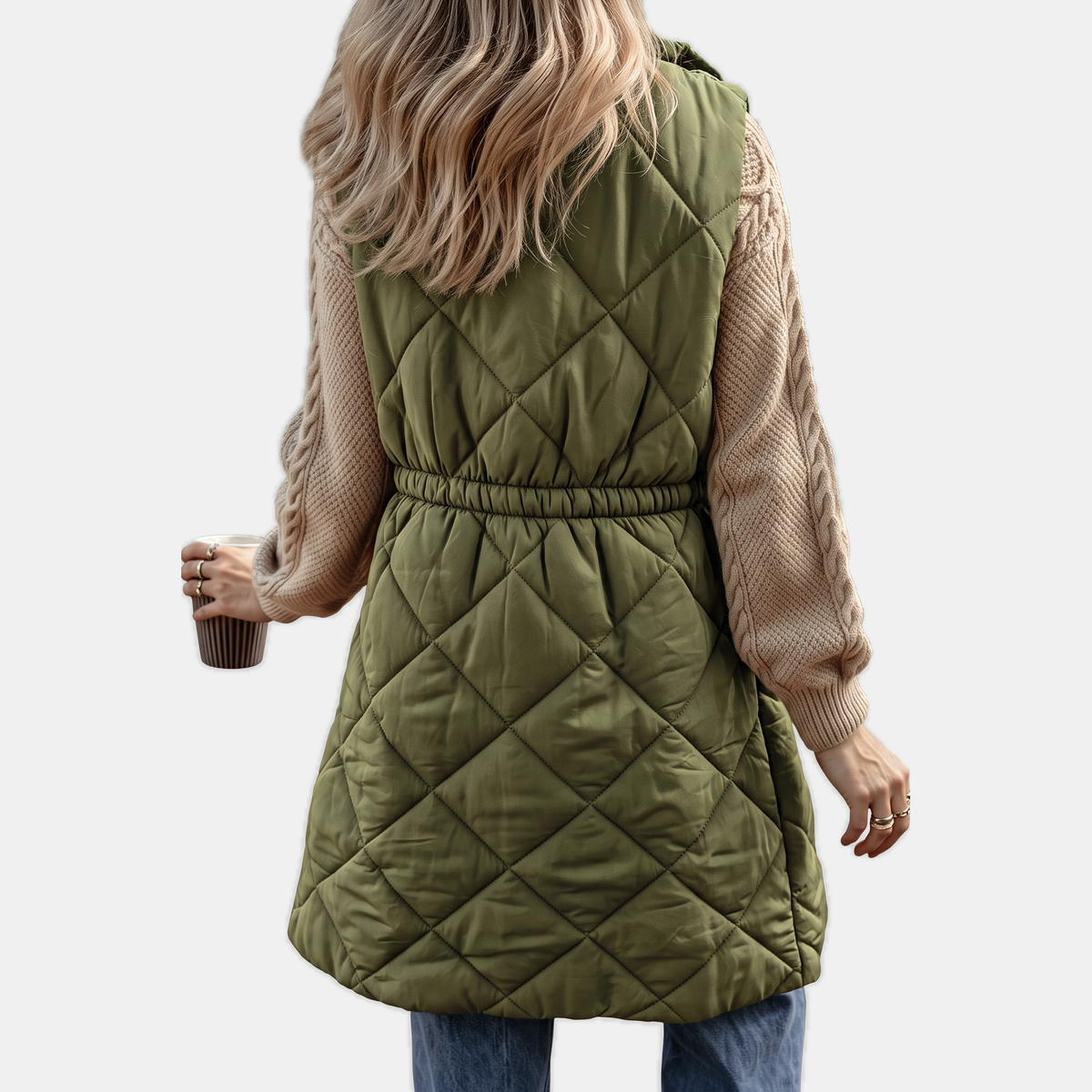 Women's Hooded Puffer Vest Quilted Midi Sleeveless Jacket