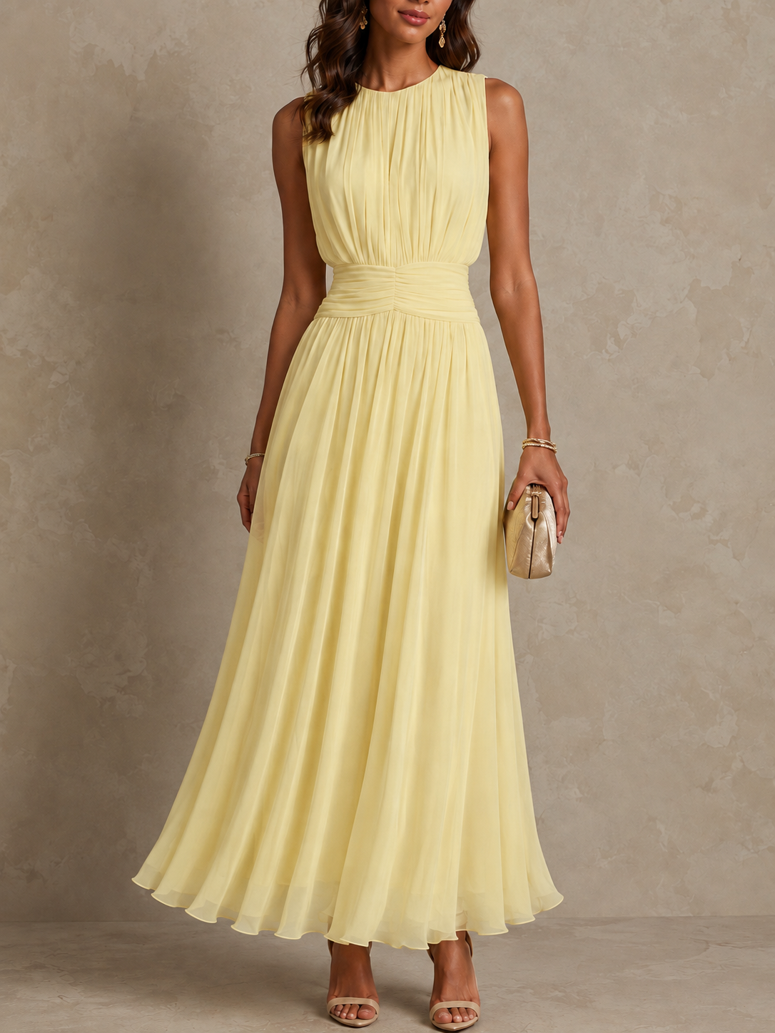 Vanessa Ruched Waist Sleeveless Maxi Dress - Yellow
