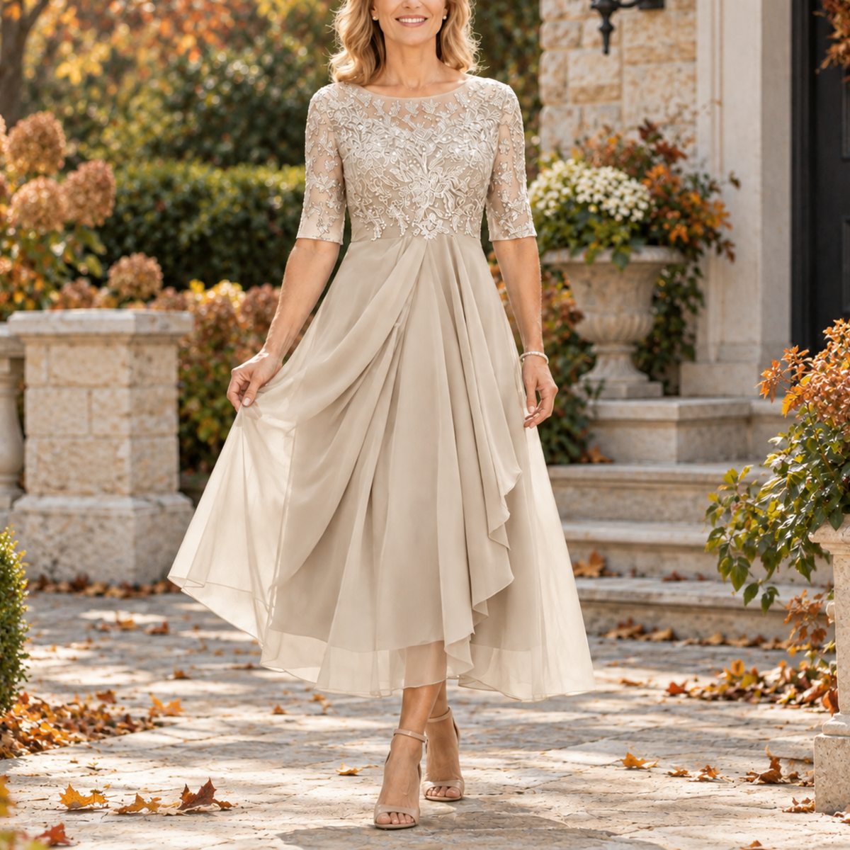 Beverly Lace Bodice Draped Midi Dress in Champagne Gold