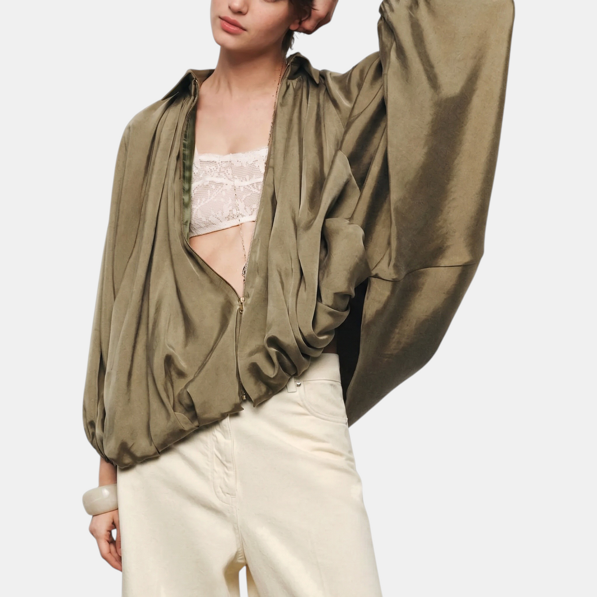 Women's Balloon Sleeve Zip Up Oversized Bomber Jacket