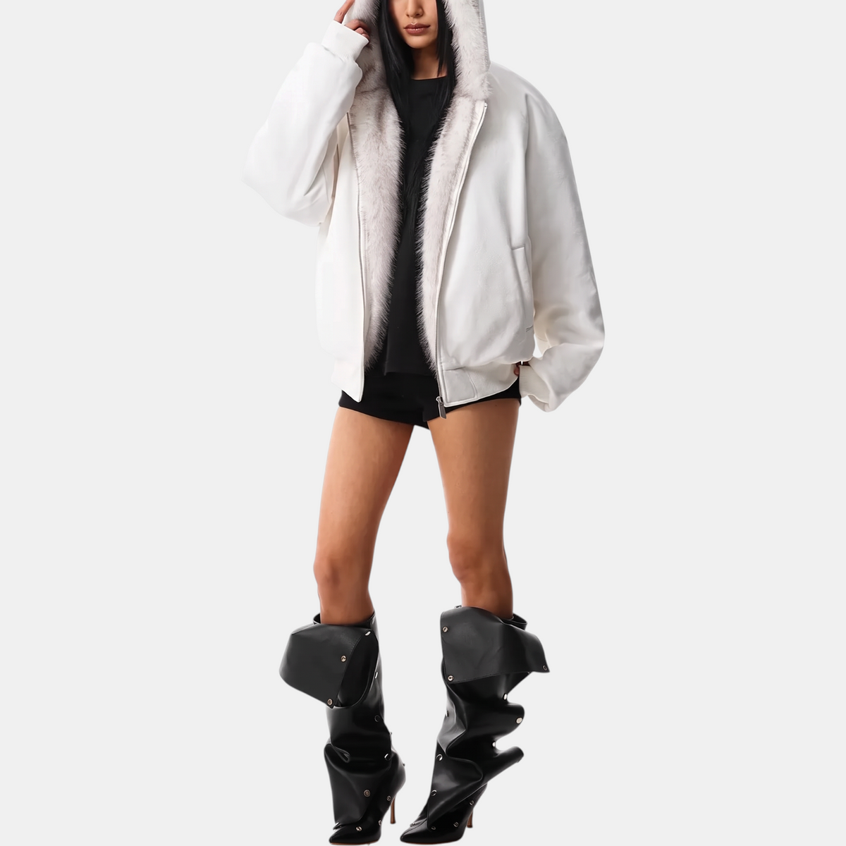 Women's Faux Fur Lined Bomber Jacket with Cat Ear Hood