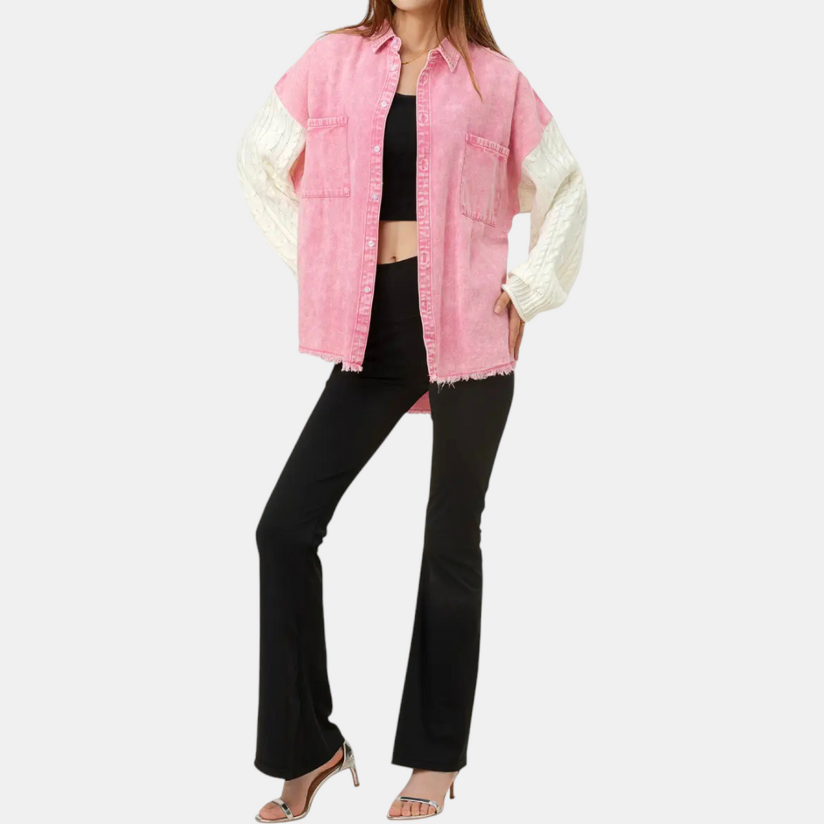 Women's Denim Jacket Cable Knit Splice Button Front Raw Hem