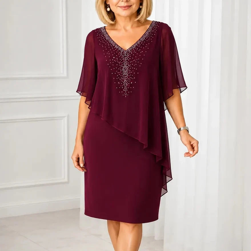 Wilma Elegant Draped Dress in Burgundy