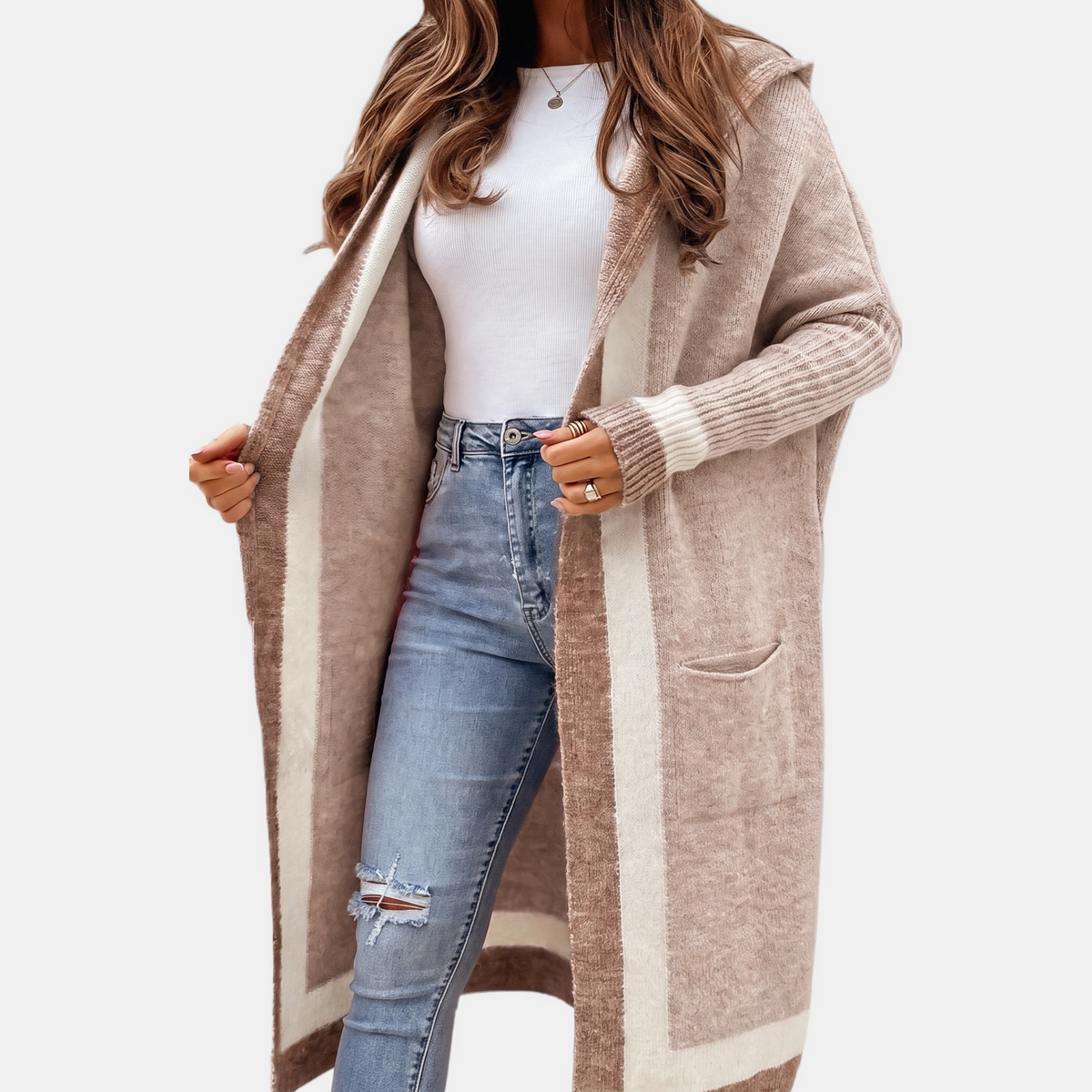 Women's Colour Block Open Front Maxi Cardigan Sweater